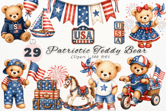Celebrate with Patriotic Watercolor Teddy Bear Clipart