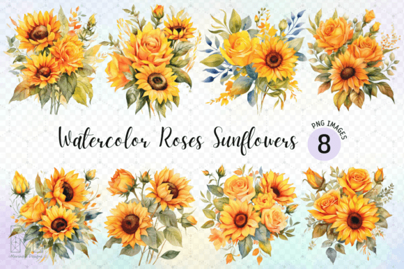 Watercolor Roses Sunflowers Bouquets PNG: Instant Floral Art